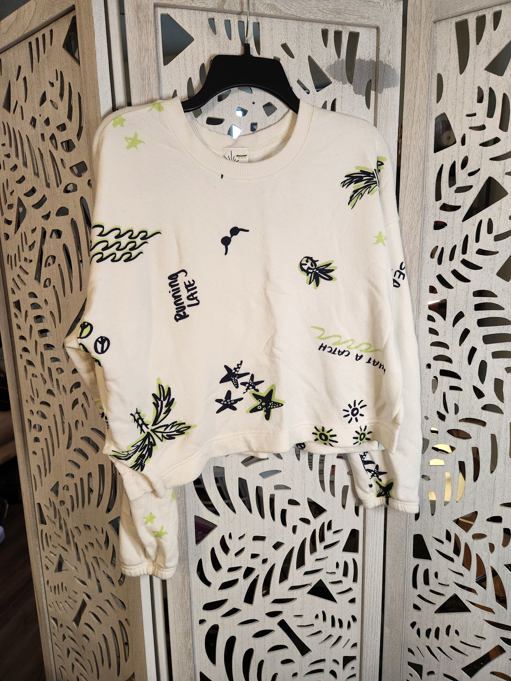 aerie Cream Cropped Sweatshirt with Lime & Black Graphic Accents
